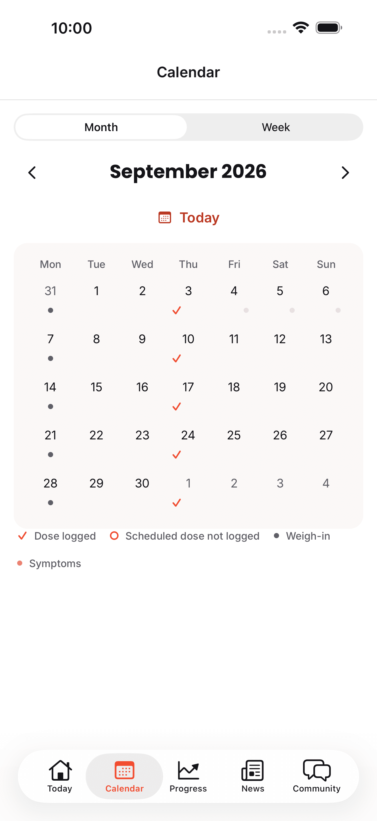 The dose log screen of the Dose Club app, with a calendar marking the logged doses.